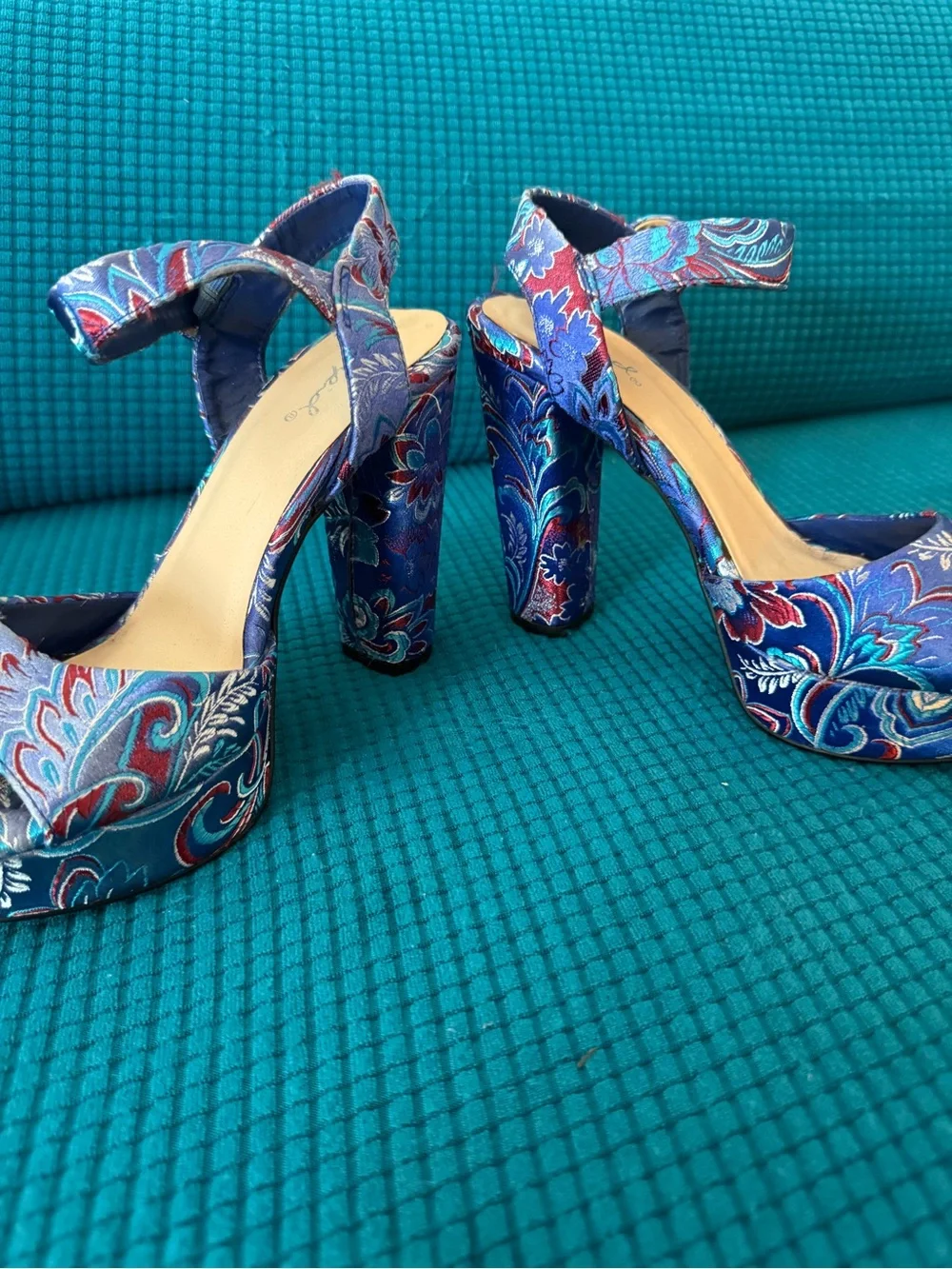 Blue Floral Brocade Platform Heels Ankle Strap Chunky Y2K
